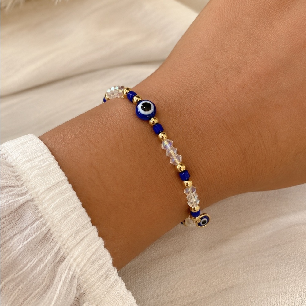 Evil Eye Beaded Bracelet - Blue and Gold